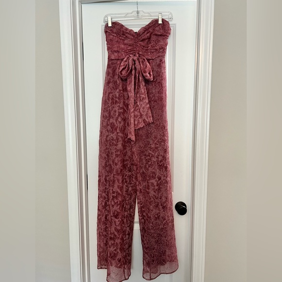Lulu’s Lasting Love Mauve Organza Ruched Strapless Wide-Leg Jumpsuit - Picture 3 of 4